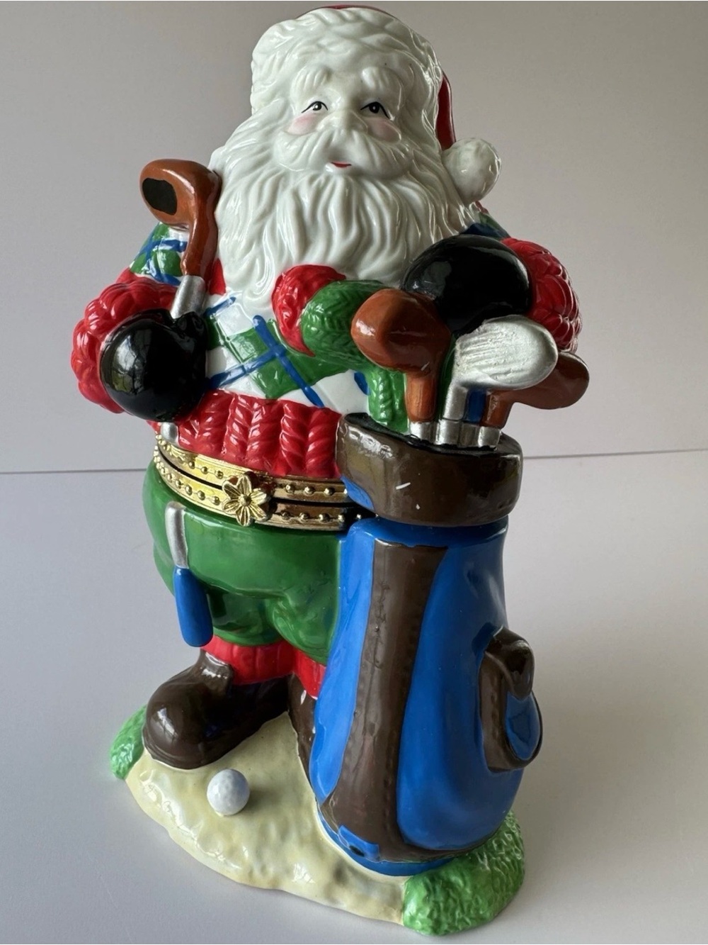 Golfing Santa Ceramic Hinged Jar GAC 1999 Christmas Cookie Box Decor